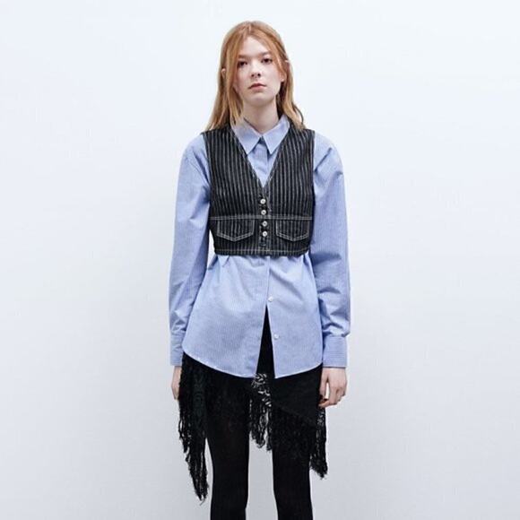 ZARA Cropped Sleeveless Vest NWT | Striped Button-Front Denim Look M - Picture 12 of 16